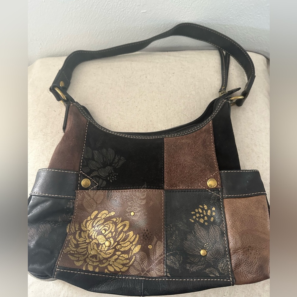NWOT & VINTAGE Fossil Black Patchwork Gold flower Purse